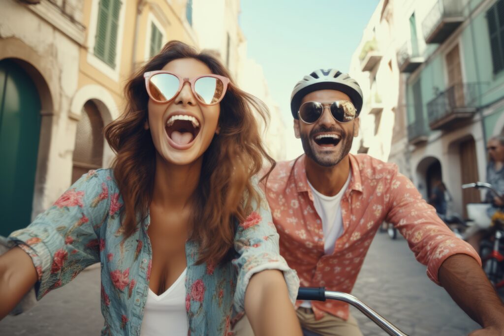 a girl and a man ride bicycles through the old city. fun. travel