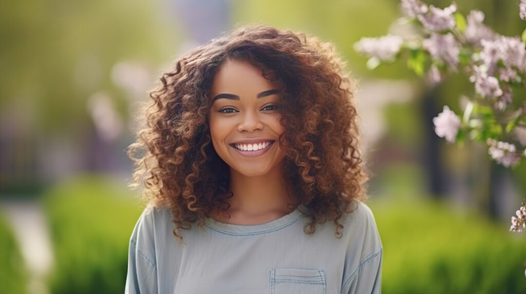 Happy young african american woman smiling in a green park. Closeup Portrait of a happy young adult African girl standing in a natural reserve. African female with perfect white teeth closeup.