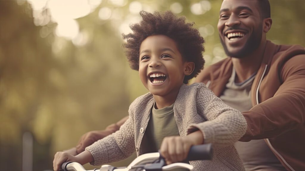 father teaches child son to ride bike in park, Generative AI