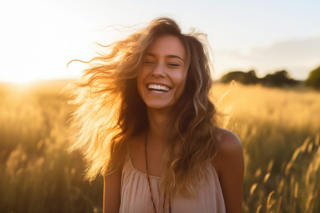 Young happy smiling woman standing in a field with sun shining through her hair