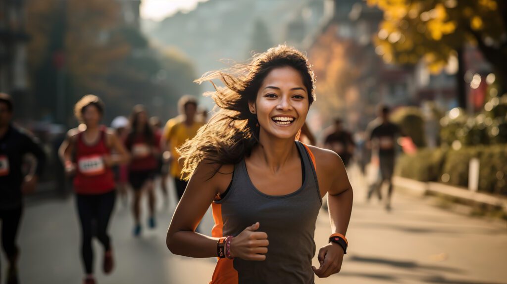 healthy woman with beautiful smile. trail running, marathon, triathlon running, outdoor nature. generative ai