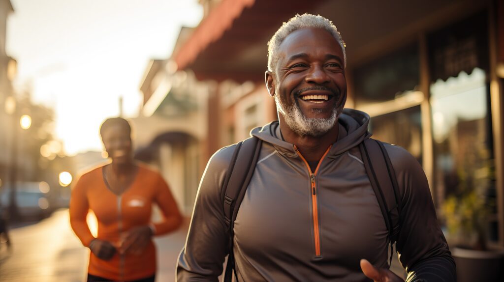 couple smiling and running outdoors in small city